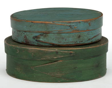 NEW ENGLAND PAINT-DECORATED PINE BENTWOOD PANTRY BOXES, LOT OF TWO: NEW ENGLAND PAINT-DECORATED PINE BENTWOOD PANTRY BOXES, LOT OF TWO, oval forms, tacked opposing finger-lap construction. Each retains an early paint comprising of small example having a blue-gree