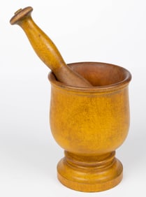 NEW ENGLAND TURNED AND PAINTED TREEN MORTAR AND PESTLE