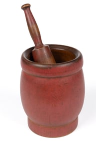 NEW ENGLAND TURNED AND PAINTED TREEN MORTAR AND PESTLE