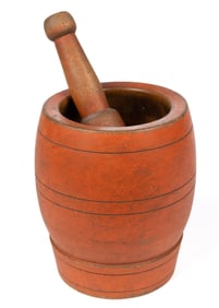 NEW ENGLAND TURNED AND PAINTED TREEN MORTAR AND PESTLE