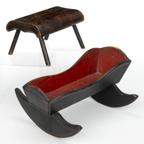 PAINTED PINE FOLK-ART DOLL CRADLE AND FOOT STOOL, LOT OF TWO