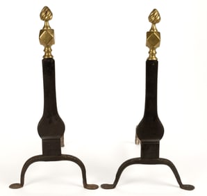 AMERICAN WROUGHT-IRON AND BRASS PAIR OF ANDIRONS