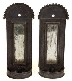 AMERICAN SHEET-IRON AND MIRRORED WALL CANDLE SCONCES, PAIR