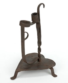 WROUGHT-IRON TABLE-TOP FIGURAL HEART ALPINE-STYLE CANDLE STAND