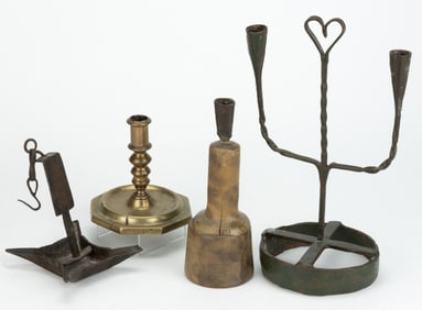 ASSORTED WROUGHT-IRON AND BRASS LIGHTING ARTICLES, LOT OF FOUR