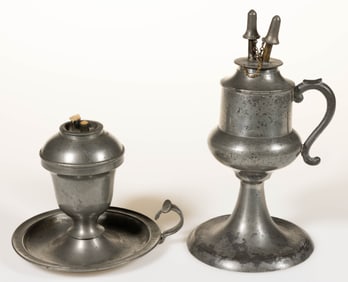 AMERICAN PEWTER FLUID AND WHALE OIL FINGER LAMPS, LOT OF TWO