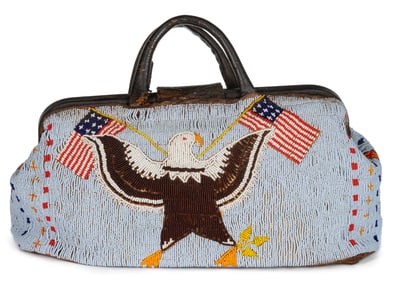 NATIVE AMERICAN PLAINS INDIAN U.S. FLAG PICTORIAL BEADED HIDE DOCTOR'S BAG