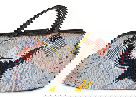NATIVE AMERICAN PLAINS INDIAN U.S. FLAG PICTORIAL BEADED HIDE DOCTOR'S BAG: NATIVE AMERICAN PLAINS INDIAN U.S. FLAG PICTORIAL BEADED HIDE DOCTOR'S BAG, sinew sewn, hide with dark finish, lane stitching, polychrome glass beads with light blue ground, one side and ends
