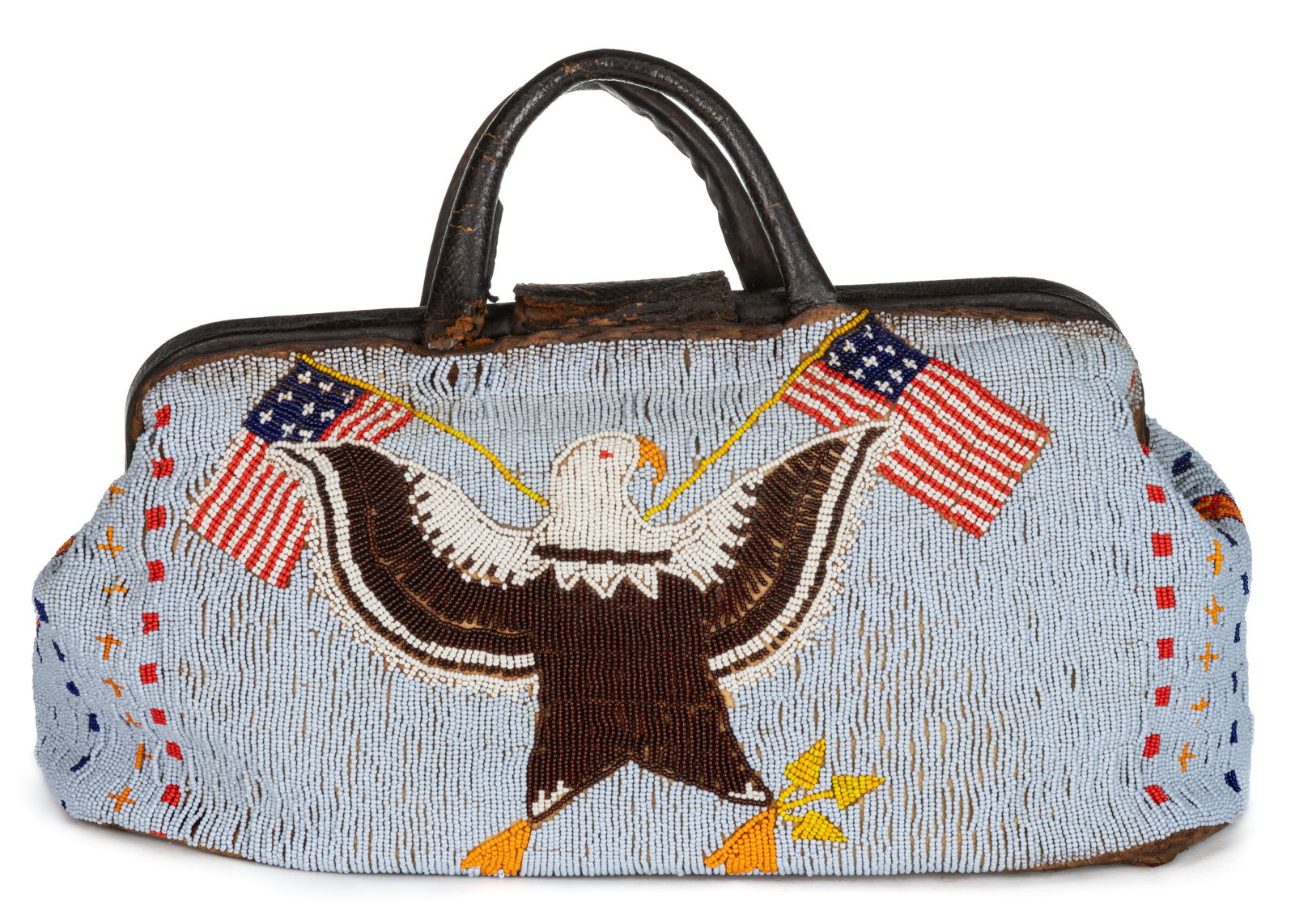 NATIVE AMERICAN PLAINS INDIAN U.S. FLAG PICTORIAL BEADED HIDE DOCTOR'S BAG