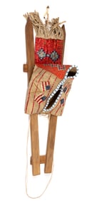NATIVE AMERICAN PLAINS INDIAN U.S. FLAG PICTORIAL QUILLED AND BEADED HIDE CRADLEBOARD COVER / HOOD