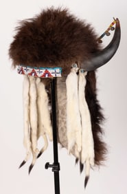 NATIVE AMERICAN PLAINS INDIAN SPLIT-HORN BUFFALO HEADDRESS WITH BEADING AND ERMINE