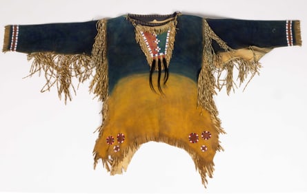 NATIVE AMERICAN PAINTED AND BEADED MAN'S HIDE SHIRT