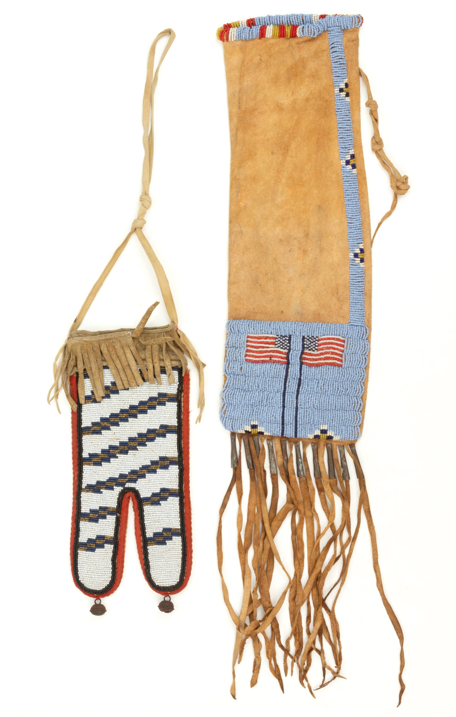 NATIVE AMERICAN HIDE BAGS WITH BEADING, LOT OF TWO: NATIVE AMERICAN HIDE BAGS WITH BEADING, LOT OF TWO, thread sewn, comprising a pipe / tobacco bag with lane-stitched beaded design to one side and to top edge, featuring U.S. flags, having fringe 