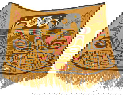 PACIFIC NORTHWEST COAST NATIVE AMERICAN PAINTED HIDE DANCING APRON / PANEL: PACIFIC NORTHWEST COAST NATIVE AMERICAN PAINTED HIDE DANCING APRON / PANEL, polychrome-painted designs featuring various animals and symbols, fringe along bottom edge, back with "N