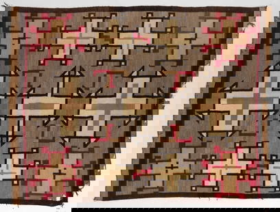 NATIVE AMERICAN NAVAJO WOOL LARGE BLANKET / RUG: NATIVE AMERICAN NAVAJO WOOL LARGE BLANKET / RUG, colors comprising black-brown, red, golden tan, grey-brown, and white, having a geometric designs featuring crossed and "T" motifs, several
