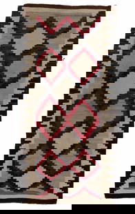 NATIVE AMERICAN NAVAJO WOOL BLANKET / RUG: NATIVE AMERICAN NAVAJO WOOL BLANKET / RUG, colors comprising red, grey, white, brown, and black, having all-over stepped diamond design, two side edges with stepped border and end edges with linear