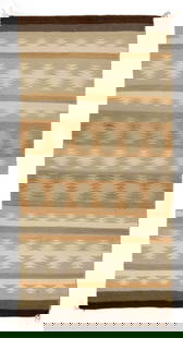 NATIVE AMERICAN NAVAJO CHINLE WOOL BLANKET / RUG: NATIVE AMERICAN NAVAJO CHINLE WOOL BLANKET / RUG, colors comprising light green, golden yellow, white, grey-brown, and brown, having geometric bands featuring serrated motifs, double border to each
