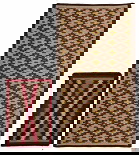 NATIVE AMERICAN NAVAJO WOOL SMALL RUG / WEAVING: NATIVE AMERICAN NAVAJO WOOL SMALL RUG / WEAVING, colors comprising black-brown, brown, red, white, and grey-brown, having an "X"-form center design with sawtooth edges, double border to all