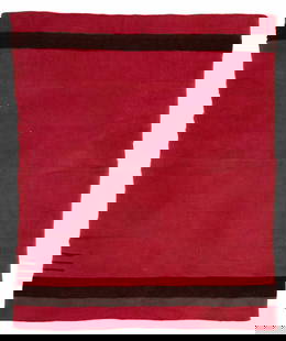 HUDSON'S BAY ATTRIBUTED 3 POINT WOOL BLANKET: HUDSON'S BAY ATTRIBUTED 3 POINT WOOL BLANKET, twill-woven, red with a brown stripe to each end edge, three woven points near one corner, lacking label. Attributed to Hudson's Bay Co. Late