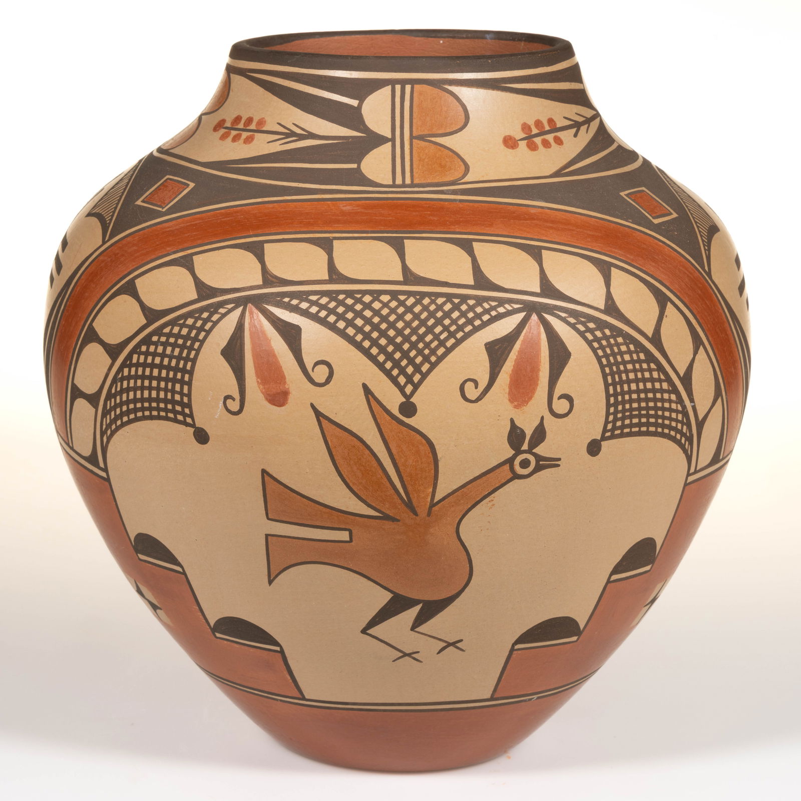SIGNED "ELIZABETH MEDINA" NATIVE AMERICAN ZIA PUEBLO POTTERY JAR: SIGNED "ELIZABETH MEDINA" NATIVE AMERICAN ZIA PUEBLO POTTERY JAR, hand-coiled, having high shoulder with low neck form, featuring polychrome hand-painted decorations including two panels wit