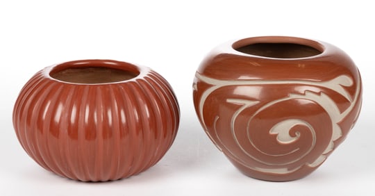 SIGNED NATIVE AMERICAN CARVED SANTA CLARA PUEBLO POTTERY BOWLS / JARS, LOT OF TWO