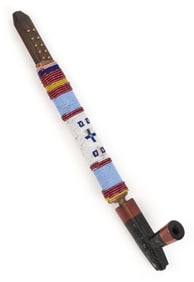 NATIVE AMERICAN NORTHERN PLAINS INDIAN CATLINITE / STEATITE PIPE WITH BEADED WOOD STEM