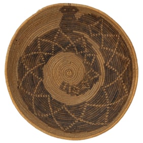 NATIVE AMERICAN CALIFORNIA MISSION TRIBES RATTLESNAKE PICTORIAL WOVEN-COIL BASKET TRAY