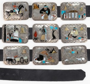 BENJAMIN BECENTI (NAVAJO, B.C.1950) NATIVE AMERICAN INLAID SILVER STORYTELLER CONCHO BELT