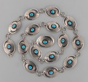 CHARLIE MIKE YAZZIE (NAVAJO) NATIVE AMERICAN STERLING SILVER AND TURQUOISE CONCHO BELT