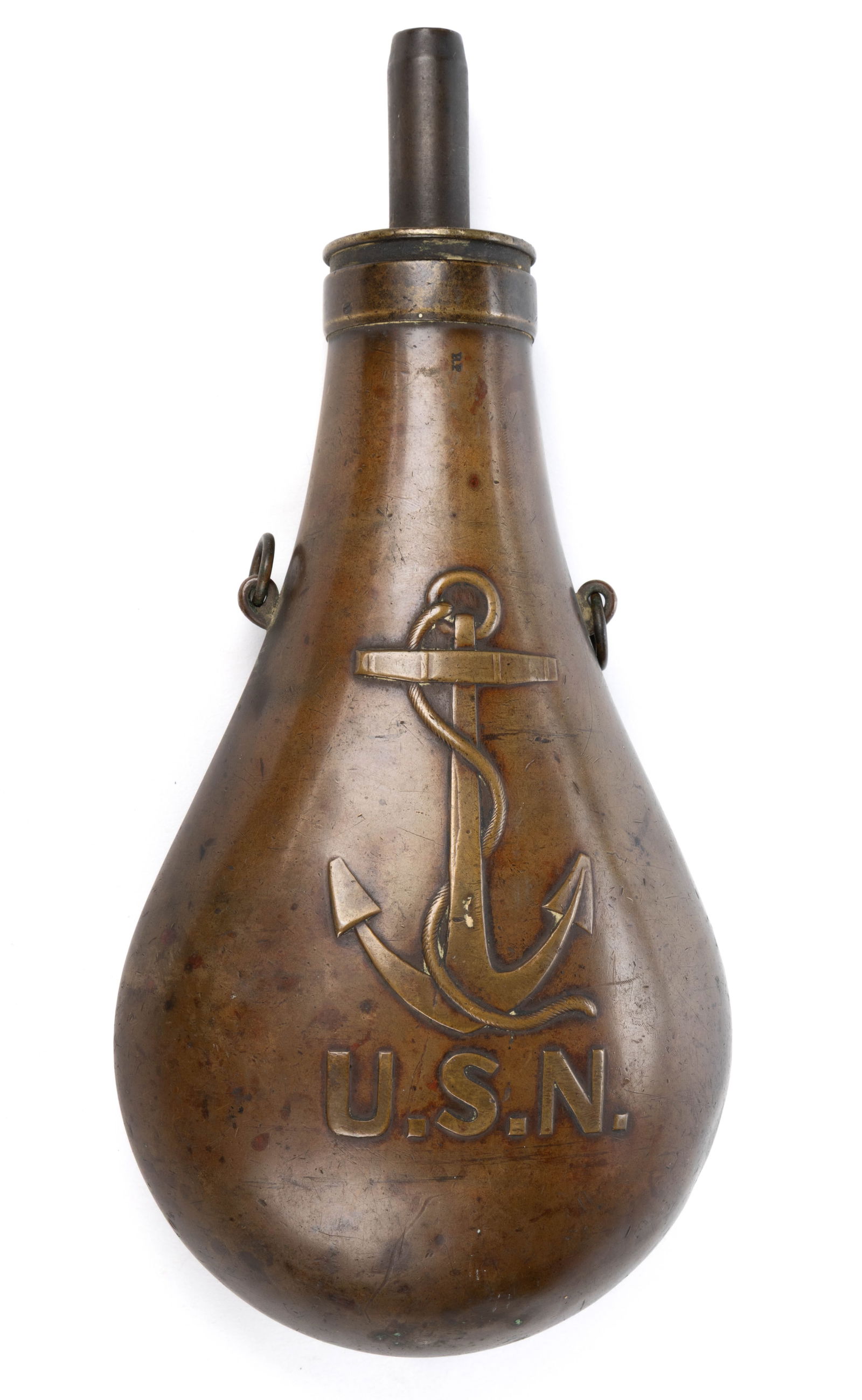 MEXICAN WAR ERA AMES US NAVY POWDER FLASK WITH CIVIL WAR ASSOCIATION: MEXICAN WAR ERA AMES US NAVY POWDER FLASK WITH CIVIL WAR ASSOCIATION, marked "N. P. AMES" and "1843" to the top, "RP" inspector's marking to the through and "P&q