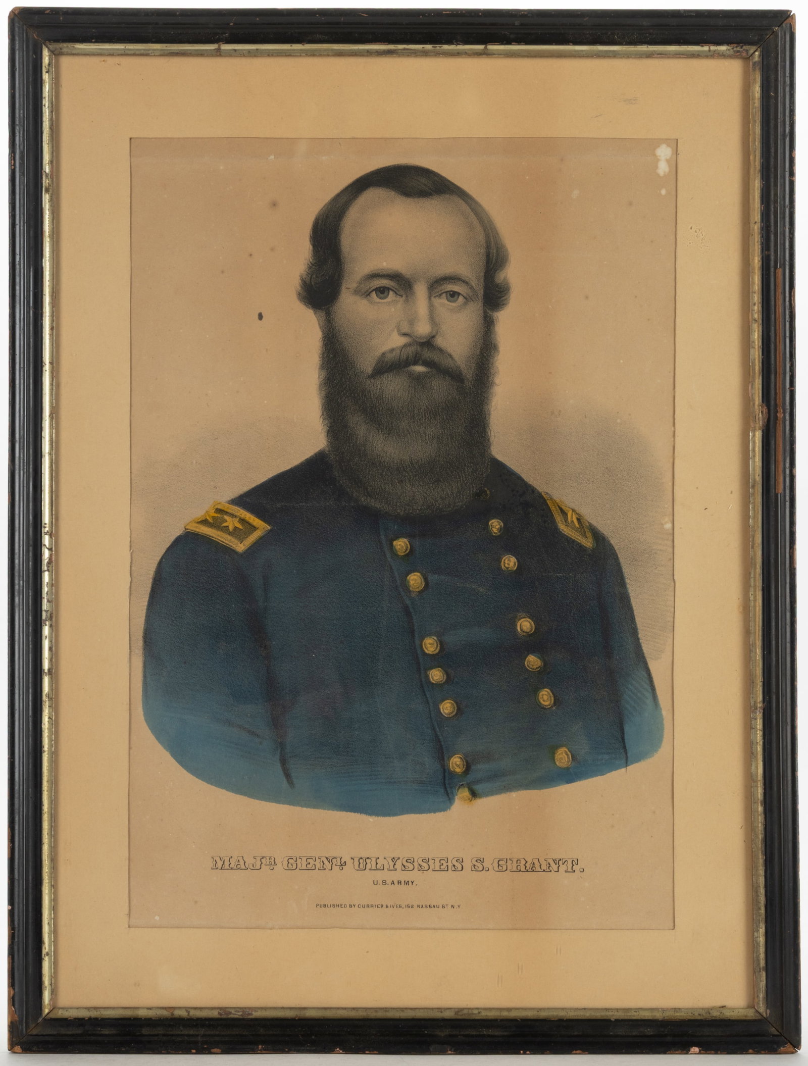 RARE CURRIER & IVES MAJOR GENERAL ULYSSES S. GRANT HISTORICAL PRINT: RARE CURRIER & IVES MAJOR GENERAL ULYSSES S. GRANT HISTORICAL PRINT, hand-colored lithograph on paper, a bust length depiction of the general dressed in his blue jacket. Titled "MAJ