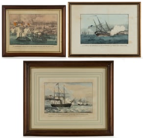 HISTORICAL CURRIER & IVES CIVIL WAR NAVAL BATTLE PRINTS, LOT OF THREE