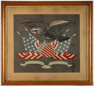 PATRIOTIC AMERICAN EAGLE EMBLEM SILK-EMBROIDERED NEEDLEWORK PANEL