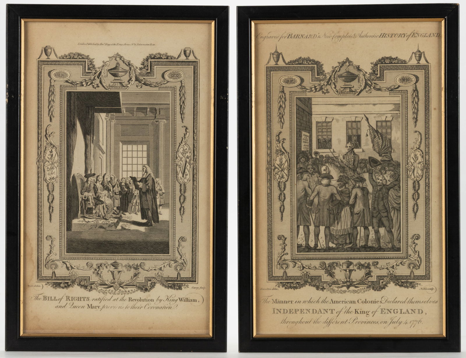 AMERICAN AND ENGLISH 18TH CENTURY HISTORICAL PRINTS, LOT OF TWO: AMERICAN AND ENGLISH 18TH CENTURY HISTORICAL PRINTS, LOT OF TWO, engraving on laid paper, (1) The Manner in which the American Colonies Declared themselves Independant [sic] of the King of E