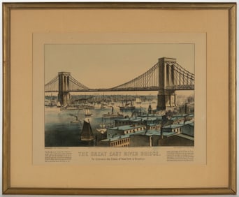 HISTORICAL CURRIER AND IVES "THE GREAT EAST RIVER BRIDGE" / BROOKLYN BRIDGE PRINT