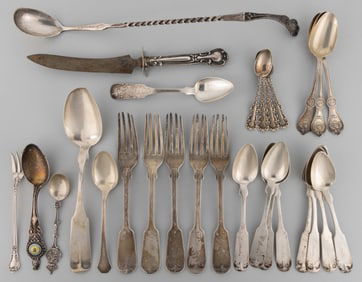 BORDEN FAMILY, FALL RIVER / MELROSE, MASSACHUSETTS STERLING, COIN, AND OTHER SILVER FLATWARE, LOT OF
