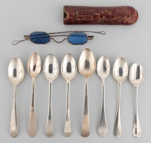 AMERICAN, AND POSSIBLY OTHER, COIN SILVER SPOONS AND SPECTACLES, LOT OF NINE