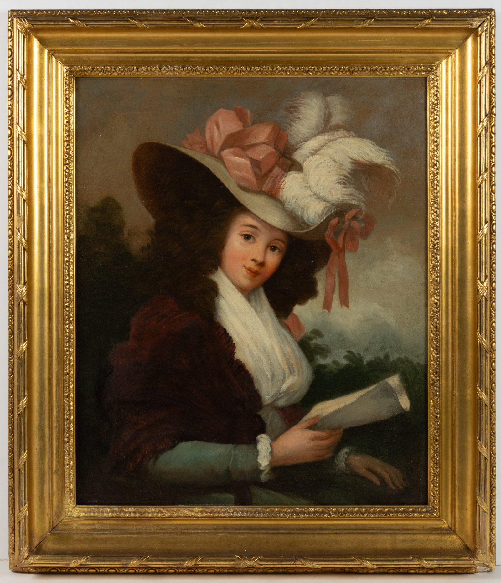 ENGLISH SCHOOL (18TH CENTURY) PORTRAIT OF A LADY AFTER GEORGE ENGLEHEART (1750-1829): ENGLISH SCHOOL (18TH CENTURY) PORTRAIT OF A LADY AFTER GEORGE ENGLEHEART (1750-1829), oil on canvas, depicting a well-to-do lady wearing a large hat with ostrich feathers, in her hand she holds a piec