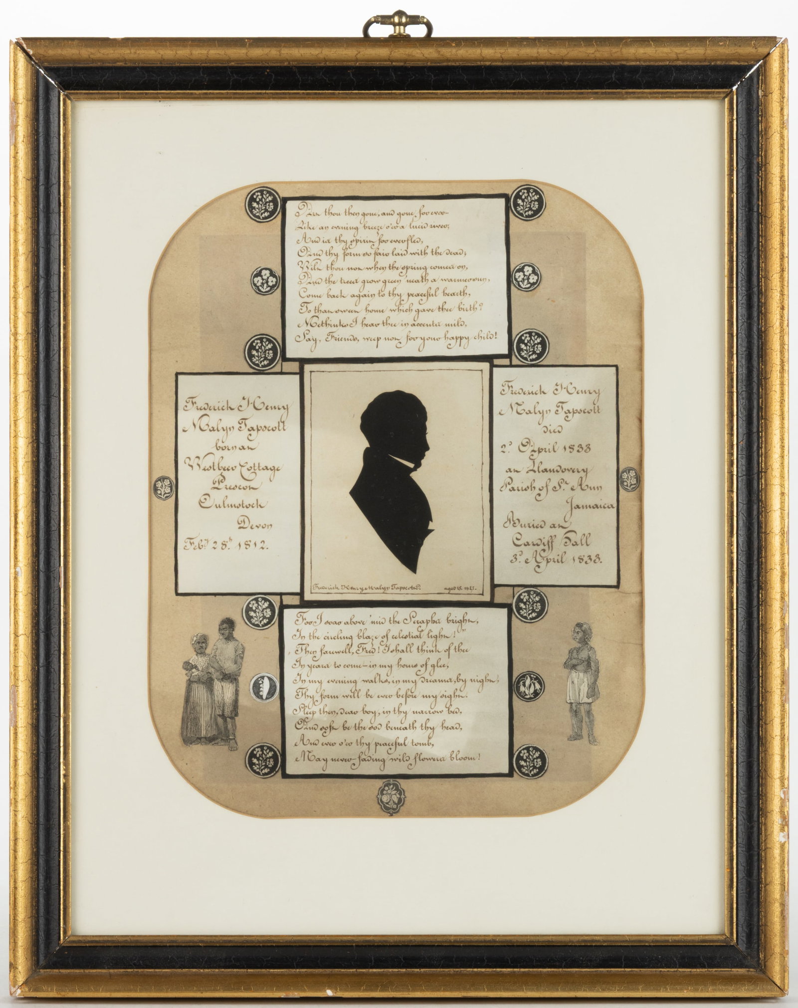 ENGLISH / JAMAICAN SCHOOL (19TH CENTURY) MEMORIAL / MOURNING CUT-AND-PASTED SILHOUETTE: ENGLISH / JAMAICAN SCHOOL (19TH CENTURY) MEMORIAL / MOURNING CUT-AND-PASTED SILHOUETTE, ink and mixed media on paper, featuring a central silhouette of Frederick Henry Mayln Tapscott (English/Jamaican