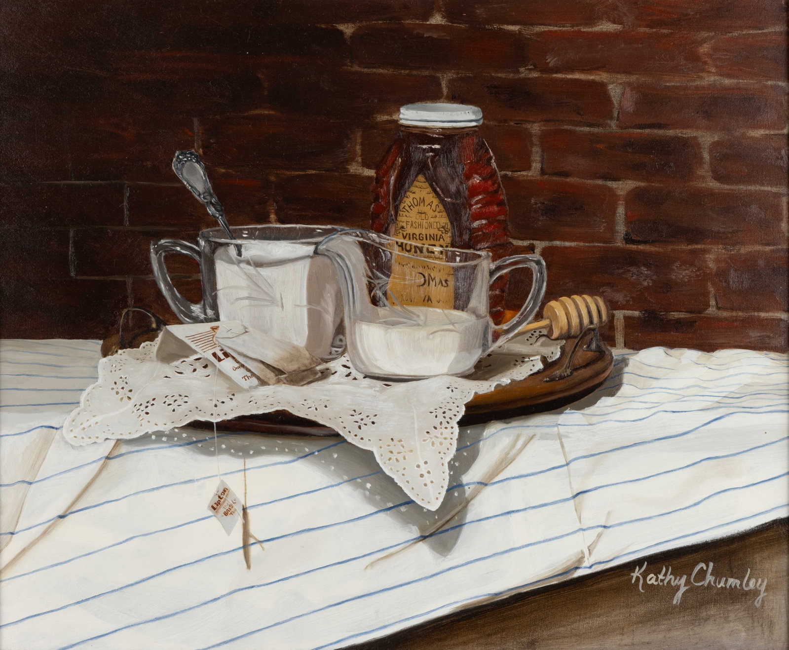 KATHY CHUMLEY (AMERICAN, B. 1956) STILL-LIFE PAINTING: KATHY CHUMLEY (AMERICAN, B. 1956) STILL-LIFE PAINTING, oil on board, depicting the accessories needed for tea including honey, cream, and sugar. Signed lower right. Housed in a contemporary frame. Lat
