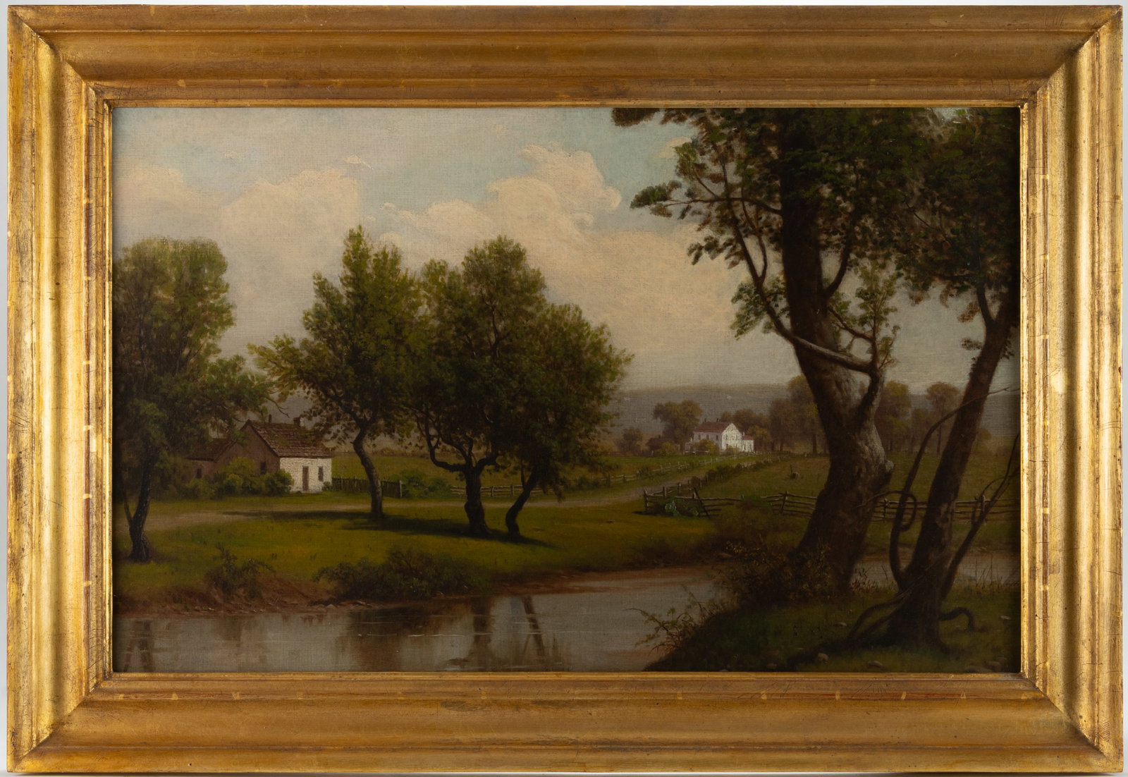 AMERICAN SCHOOL (19TH CENTURY) LANDSCAPE WITH RIVERSIDE FARM: AMERICAN SCHOOL (19TH CENTURY) LANDSCAPE WITH RIVERSIDE FARM, oil on canvas, a beautiful summer view, reportedly a Shenandoah Valley of Virginia scene, featuring a white farmhouse, cottages, split-rai