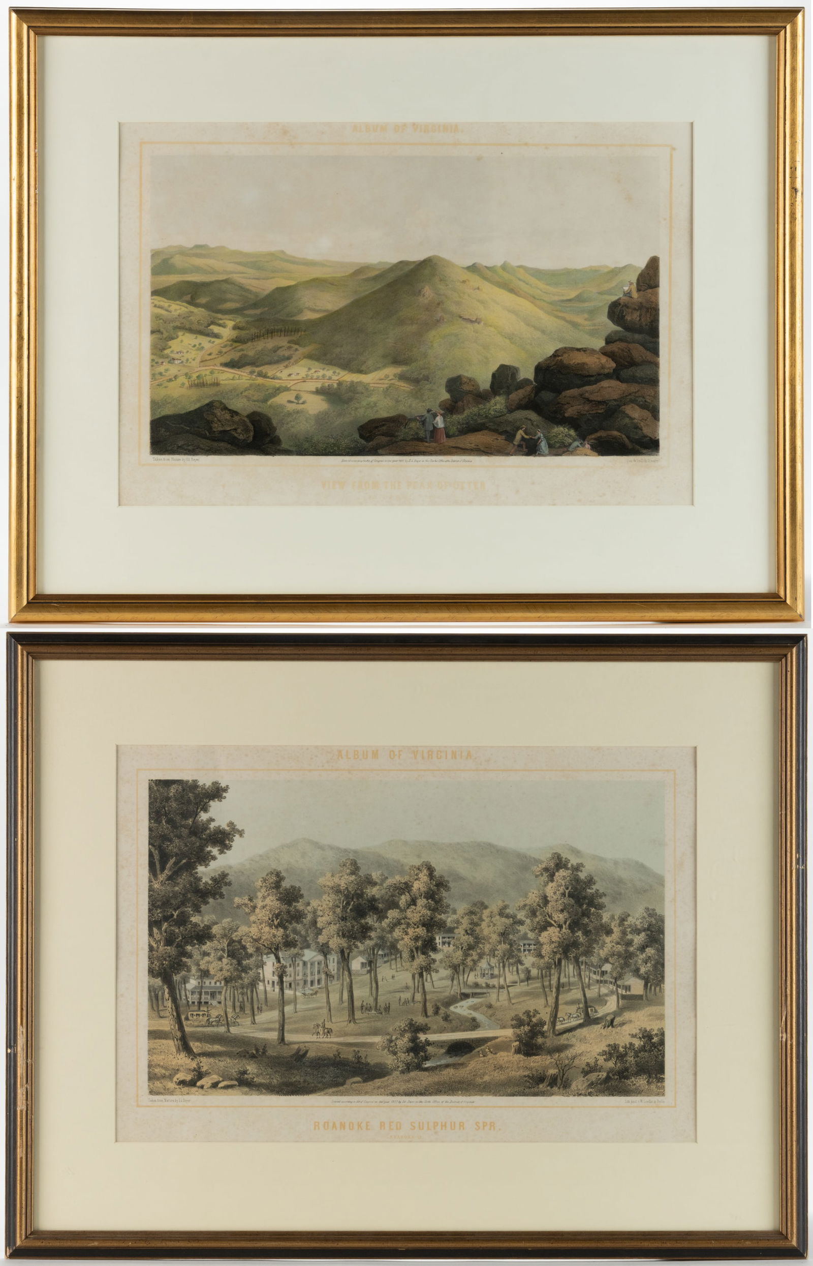 EDWARD BEYER (GERMAN / AMERICAN, 1820-1865) "ALBUM OF VIRGINIA" PRINTS, LOT OF TWO: EDWARD BEYER (GERMAN / AMERICAN, 1820-1865) "ALBUM OF VIRGINIA" PRINTS, LOT OF TWO, hand-colored lithographs, View from the Peaks of Otter, and Roanoke Springs Red Sulphur Springs.