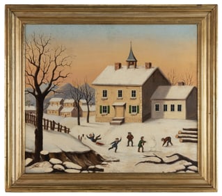 FINE AMERICAN SCHOOL (19TH CENTURY) WINTER LANDSCAPE WITH SCHOOLHOUSE