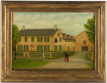 AMERICAN SCHOOL (19TH CENTURY) FOLK ART PAINTING OF A NEW ENGLAND FARMHOUSE
