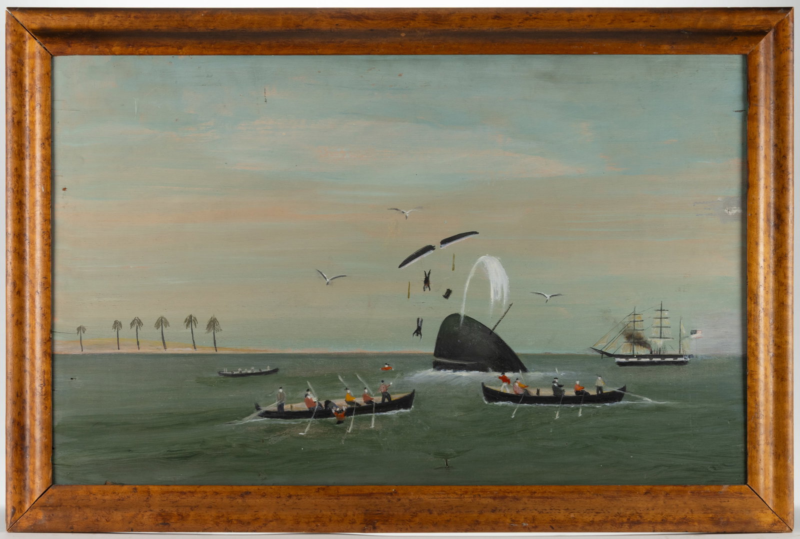 WALTER C. PARKES (AMERICAN, XIX-XX), ATTRIBUTED, FOLK ART WHALING SCENE: WALTER C. PARKES (AMERICAN, XIX-XX), ATTRIBUTED, FOLK ART WHALING SCENE, oil on panel, a dynamic composition featuring teams of whaleboats in pursuit of their prey, one of the boats being capsized by 