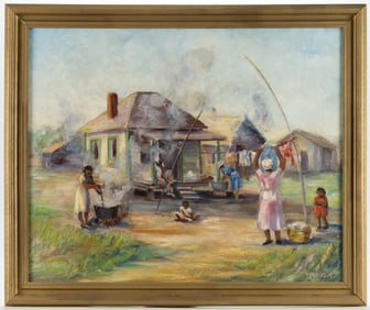 AMERICAN SCHOOL (20TH CENTURY) PAINTING OF AN ENSLAVED FAMILY HOMESTEAD