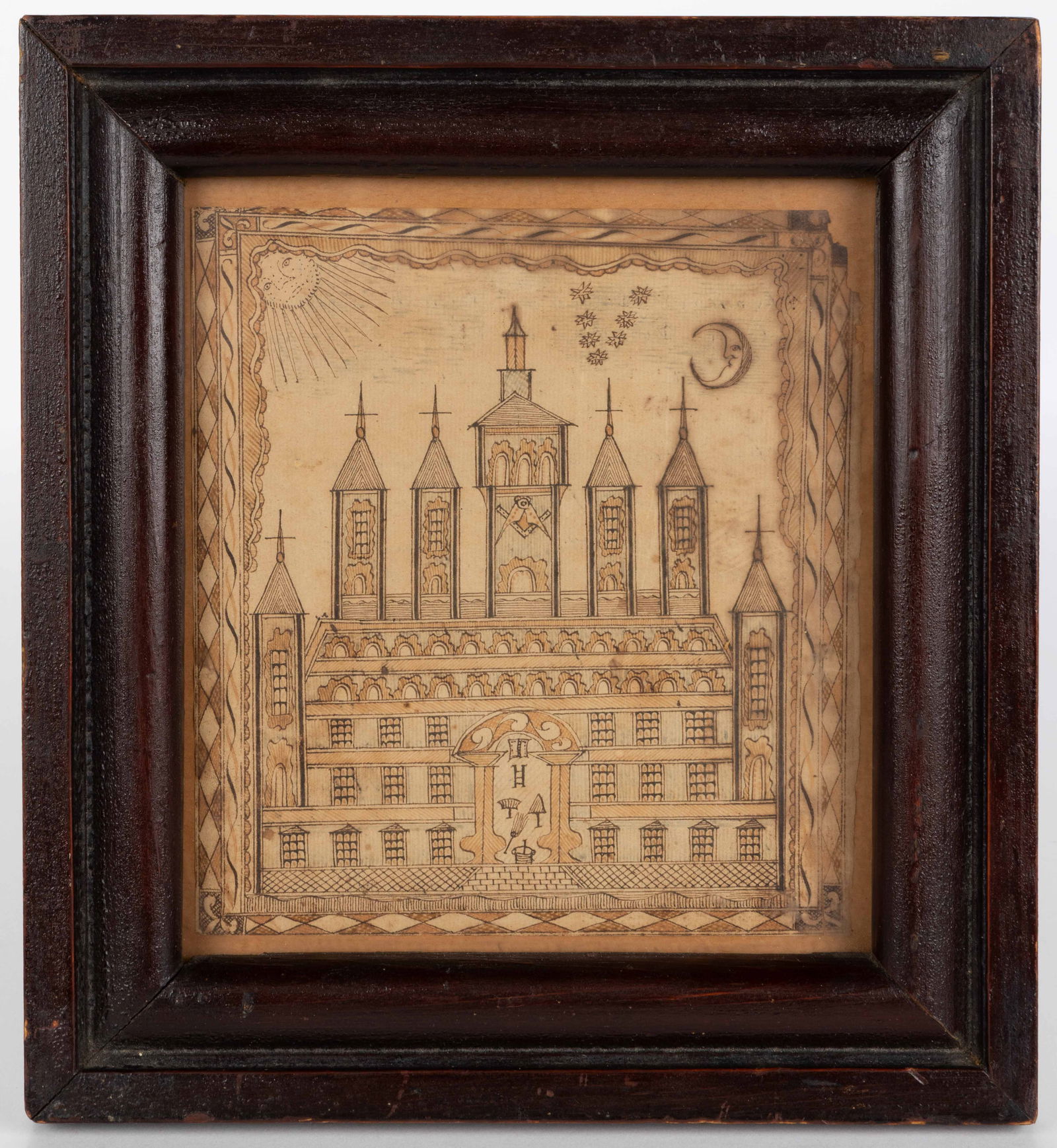 FREDERICK CO., SHENANDOAH VALLEY OF VIRGINIA, FOLK ART FRAKTUR DRAWING OF KING SOLOMON'S TEMPLE: FREDERICK CO., SHENANDOAH VALLEY OF VIRGINIA, FOLK ART FRAKTUR DRAWING OF KING SOLOMON'S TEMPLE, watercolor and ink on paper, depicting a large building with multiple towers/turrets with masonic s