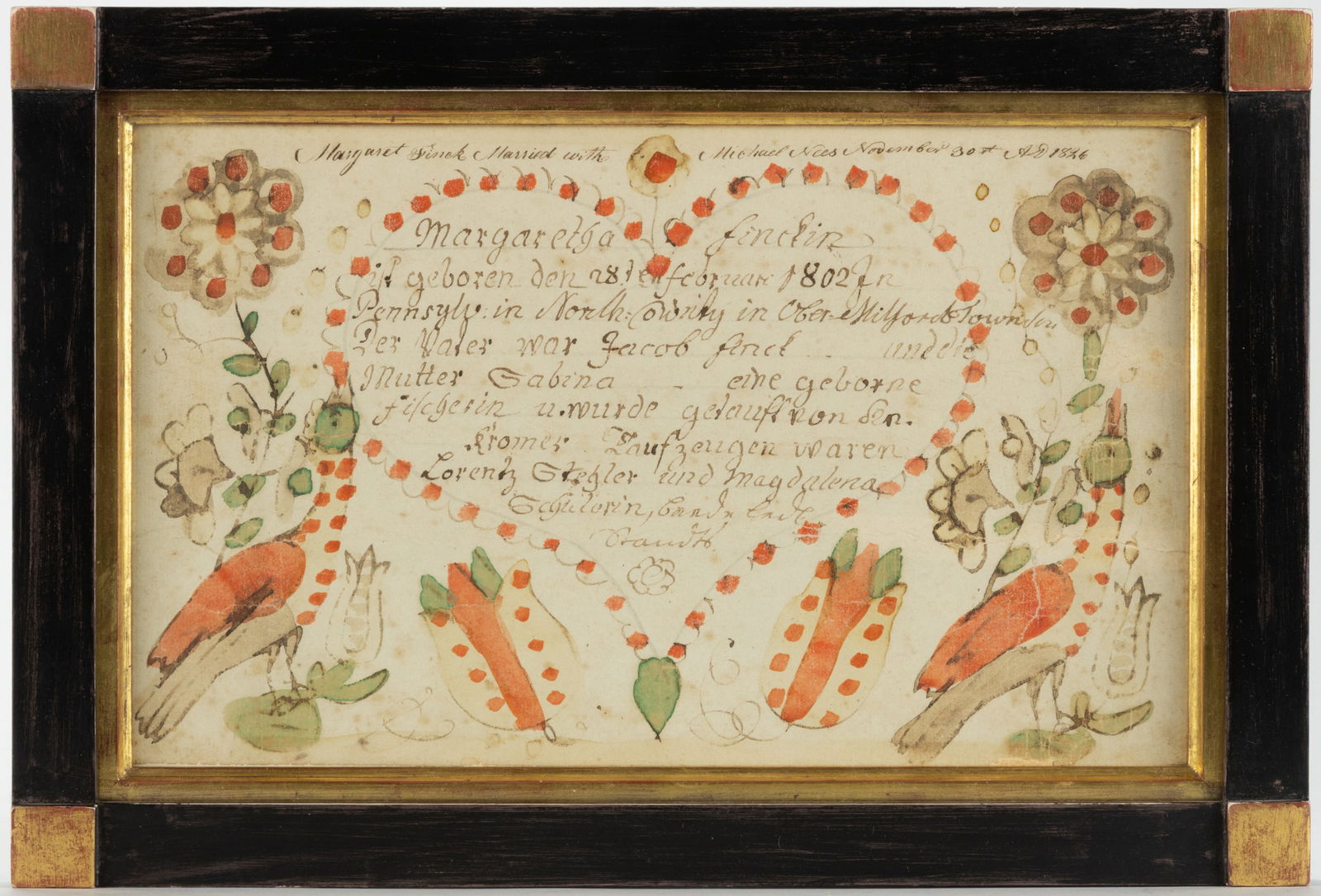 FRIEDRICH KREBS (SOUTHEASTERN PENNSYLVANIA, C.1749-1815), ATTRIBUTED, FOLK ART BIRTH AND BAPTISMAL: FRIEDRICH KREBS (SOUTHEASTERN PENNSYLVANIA, C.1749-1815), ATTRIBUTED, FOLK ART BIRTH AND BAPTISMAL CERTIFICATE FRAKTUR, watercolor and ink on paper, for Margaret Finck of North[hampton] Co., Penn