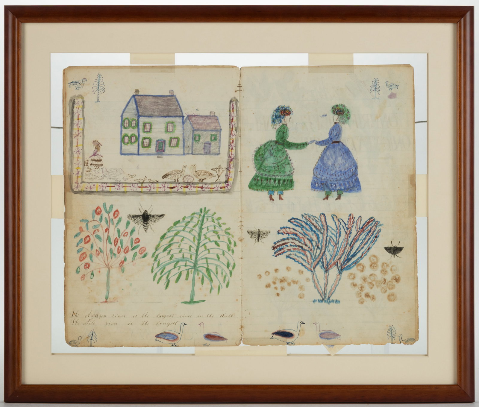 LYDIA M. HARMAN (FLOYD CO., VIRGINIA, B. 1868) FOLK ART SCHOOLGIRL EXERCISE / DRAWING BOOK: LYDIA M. HARMAN (FLOYD CO., VIRGINIA, B. 1868) FOLK ART SCHOOLGIRL EXERCISE / DRAWING BOOK, watercolor, ink, and graphite on lined paper, filled with various drawings, exercises, and inscriptions