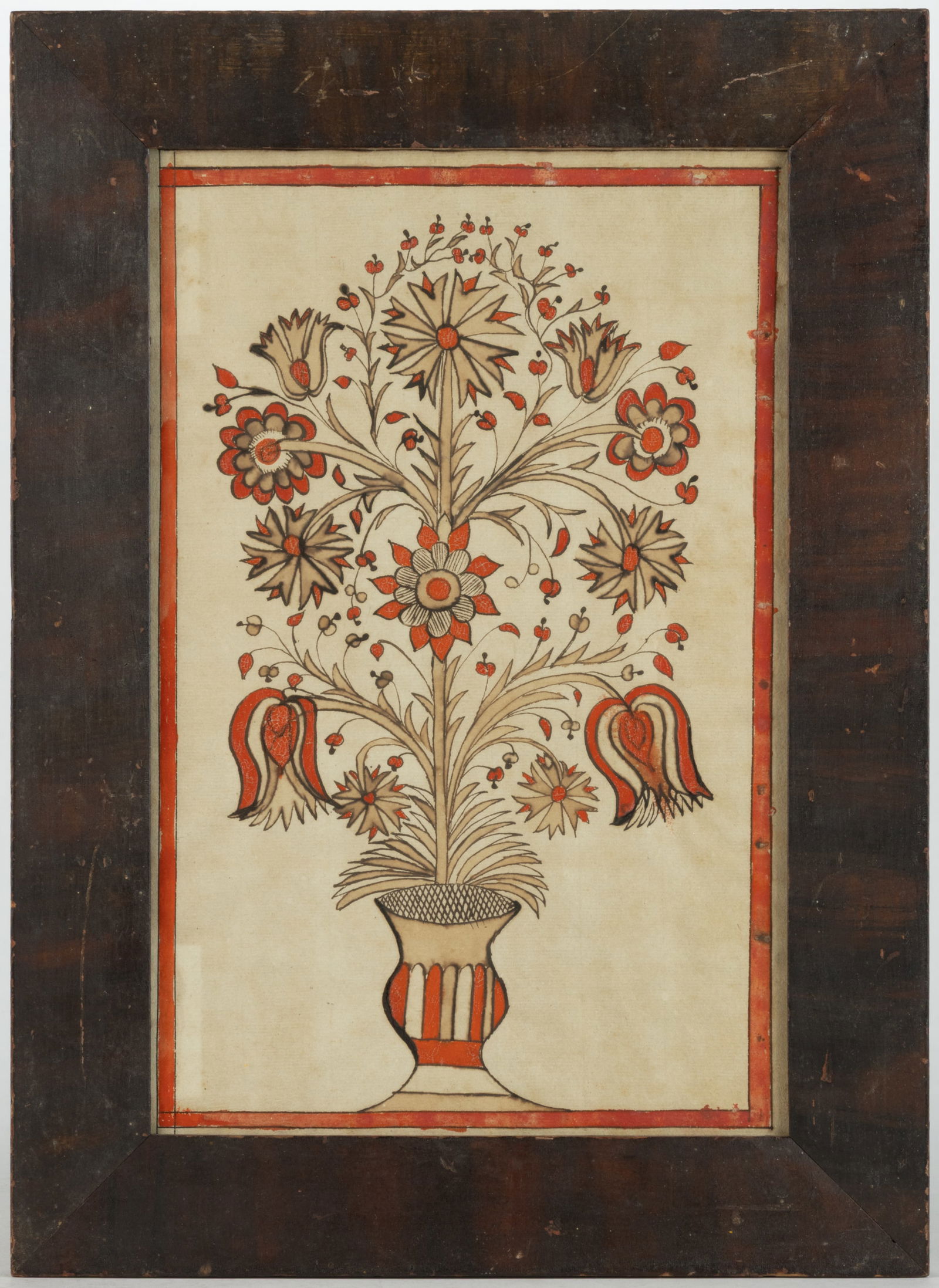 PENNSYLVANIA FOLK ART FRAKTUR DRAWING: PENNSYLVANIA FOLK ART FRAKTUR DRAWING, watercolor, and pen and ink on paper, depicting an elaborate symmetrical floral arrangement in an urn, the entire composition surrounded by a red band border. Th